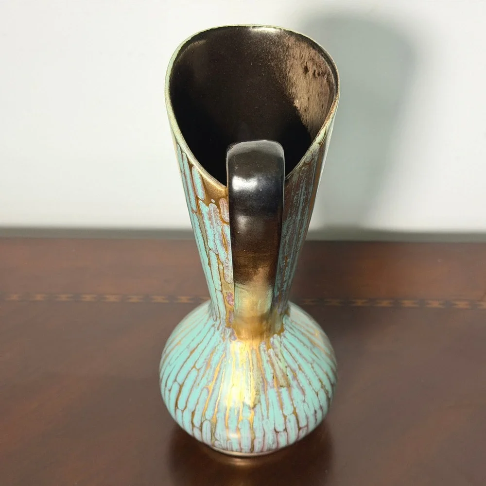 Vintage Carstens Tonnieshof Rimini Ewer Vase Turquoise Gold Drip Glaze W Germany